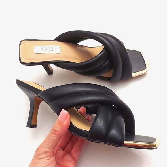 STEVEN NEW YORK Imara Heeled Slip On Black Sandals - Picture 1 of 11